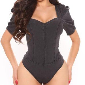 Distressed Denim Puff Sleeve Body Suit